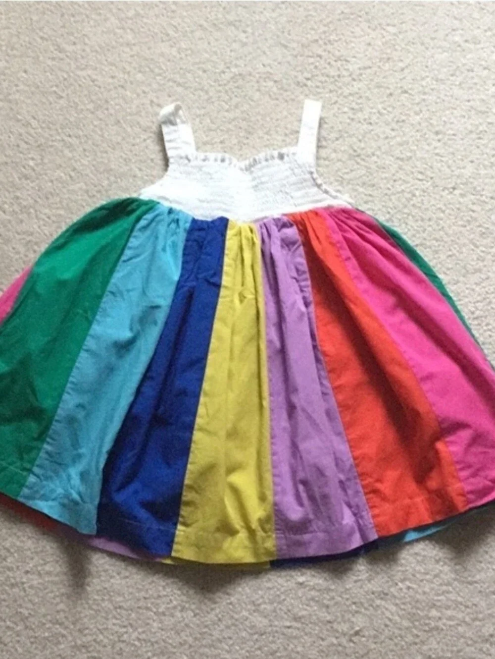 HTF Mini Boden White Smocked Top Rainbow Panel Dress with Daisy Appliqués